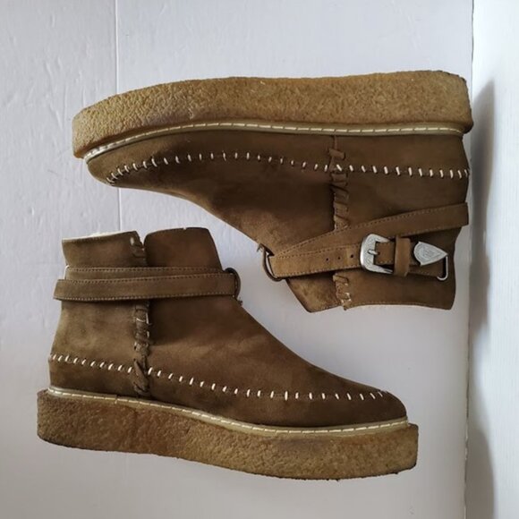 Free People Vegan Suede & Shearling Lined Ankle Boots Buckle Size 10 Cozycore - Picture 3 of 9
